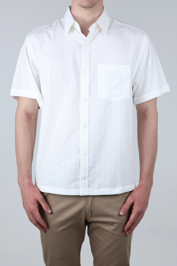 Camisa Blanca Moda Hombre Verano Manga Corta Con Rayas Y Bolsillo
